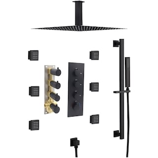 Matte Black 16" Rainfall Shower X3 Thermostatic Faucet System w/ Slide Bar, 6 Jets - Matte Black
