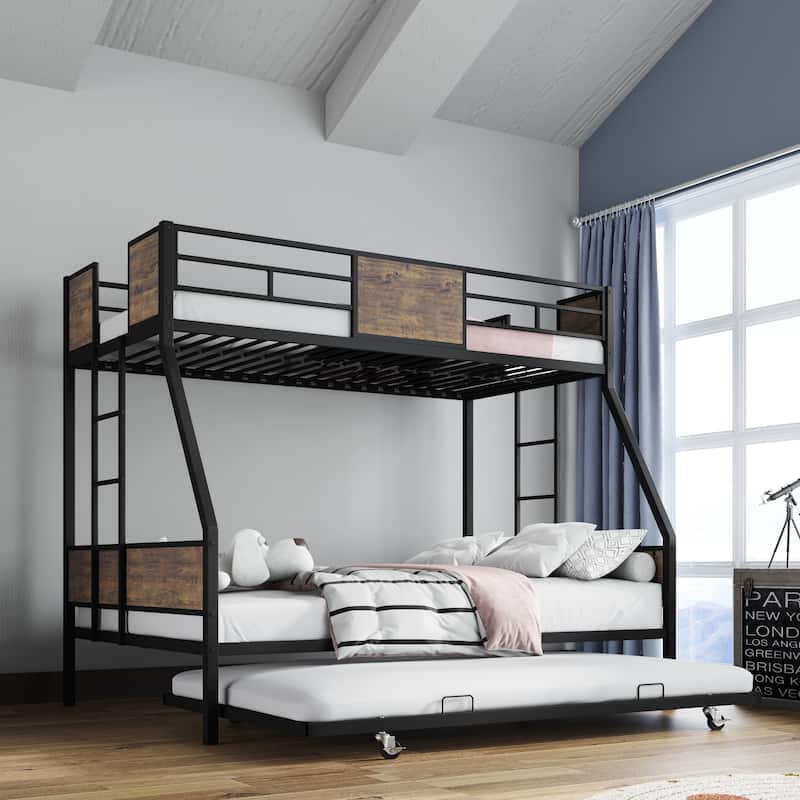 Twin Over Full Bunk Beds with Trundle, Metal Bunk Bed Frame with Safety Guardrail and 2 Ladder,Sturdy Metal Frame - Brown