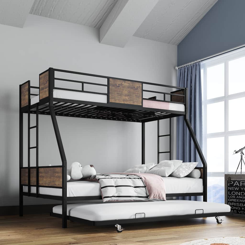 Twin Over Full Metal Bunk Bed with Trundle, Sturdy Frame with Safety Guardrails & 2 Ladders for Kids, No Box Spring Needed