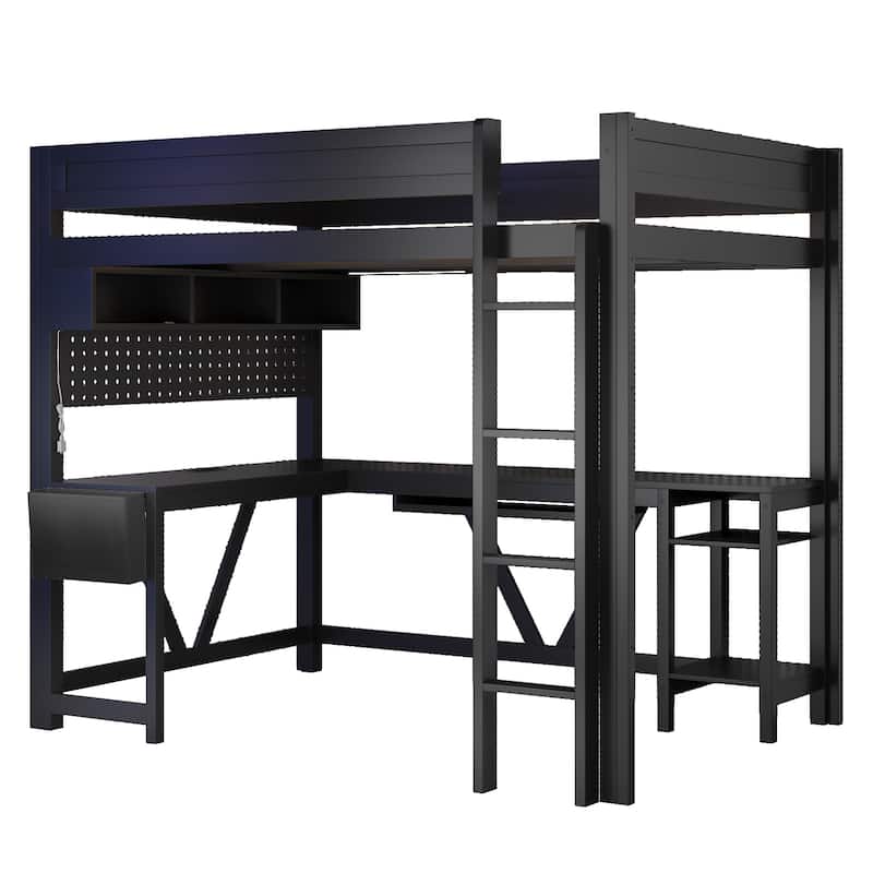 Wood Full Size Gaming Loft Bed Frame with Computer Desk, Grid Storage Panel, Storage Shelves, Cabinet, LED and Charging Station
