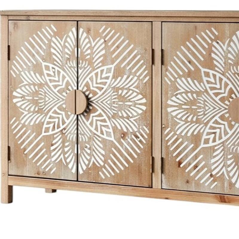 HomeRoots 60" Brown and White Wood Carved Floral Accent Cabinet With Four Doors