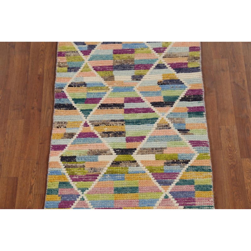 Multicolor Trellis Moroccan Runner Rug Hand-Knotted Wool Carpet - 2'7"x 12'10"