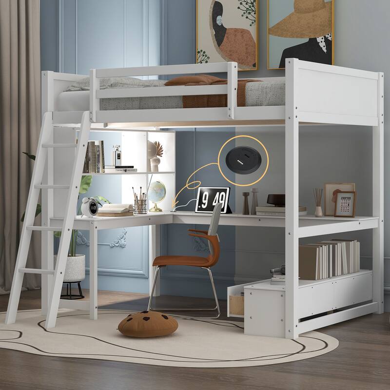 Loft Bed with L-shaped Multi-storage Desk, LED light and USB Charging Station, Storage Bench with 2 Drawers