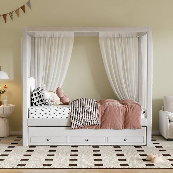 slide 2 of 35, Upholstery Canopy Platform Bed with Trundle and Three Storage Drawers Twin - Beige