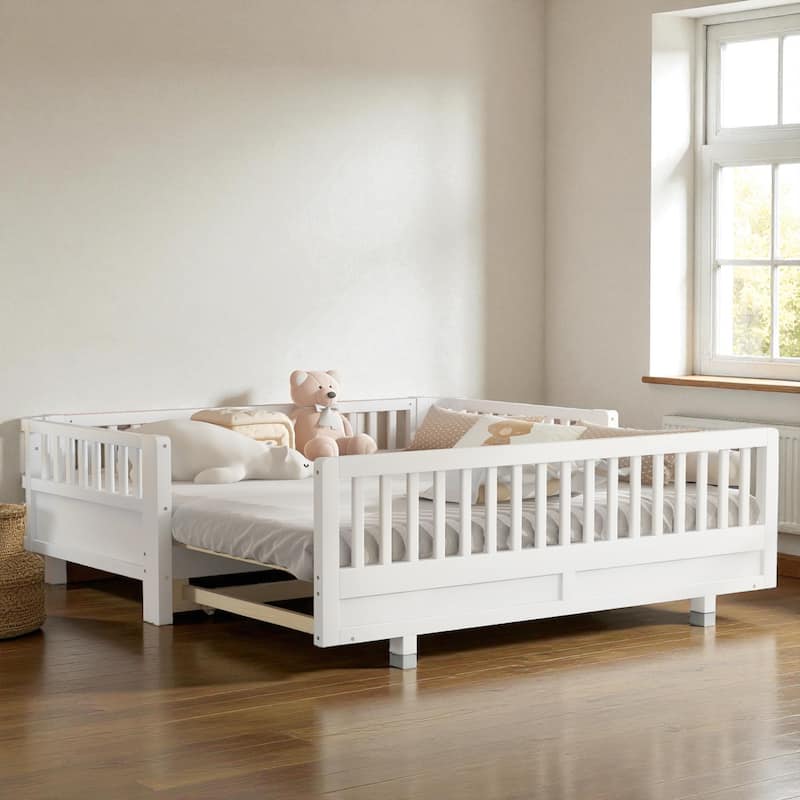 Convertible Twin/Twin XL Solid Wood Platform Bed with Guardrails, Expands to Double Twin or Queen Size, Durable Frame