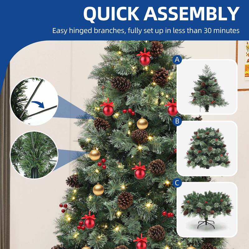 7.5ft Prelit Artificial Carolina Pine Christmas Tree with Remote, Green Artificial Hinged Christmas Tree w/ 1200 Mixed Tips