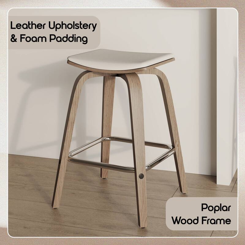 Leather Counter Stool Swivel Square Seat Poplar Wood Frame Iron Foot Rest