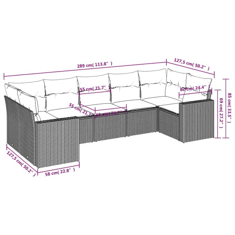 vidaXL 7 Piece Patio Sofa Set with Cushions Black Poly Rattan - 24.4" x 24.4" x 27.2"