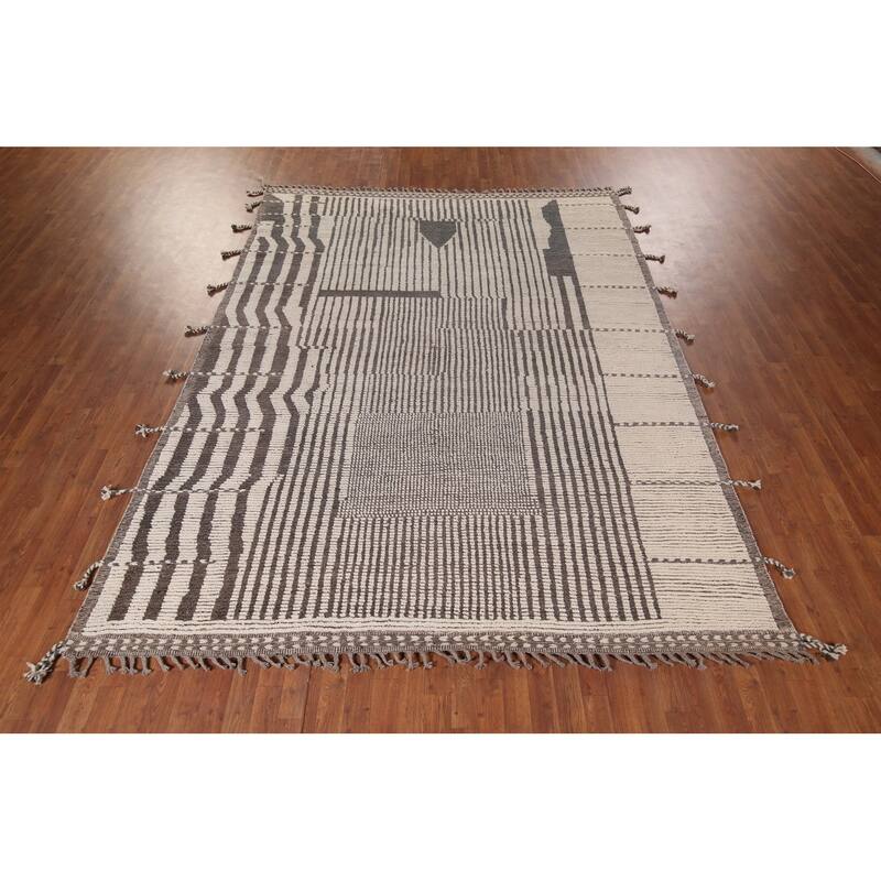 Striped Moroccan Oriental Area Rug Hand-Knotted Wool Carpet - 7'11"x 10'8"