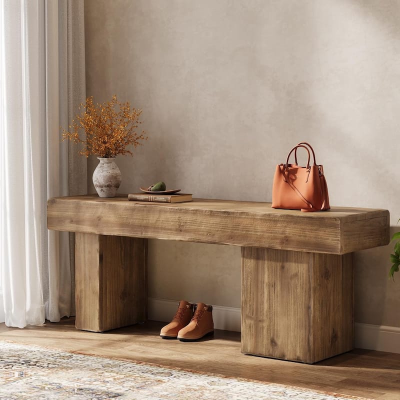 47" Thickened Solid Wood Bench, Rustic Farmhouse Entryway Bench with Artistic Legs