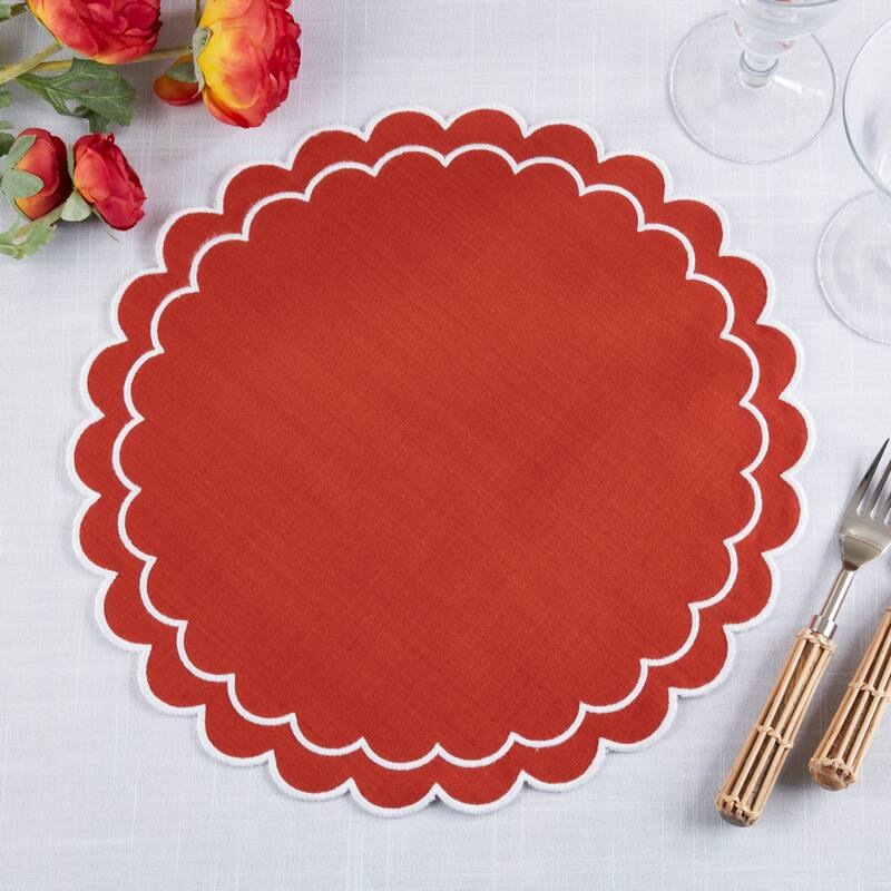 Scalloped Cotton Placemats (Set of 4) - Layered Wavy Edge Round Table Placemats for Dining, Entertaining & Everyday Table, 15"