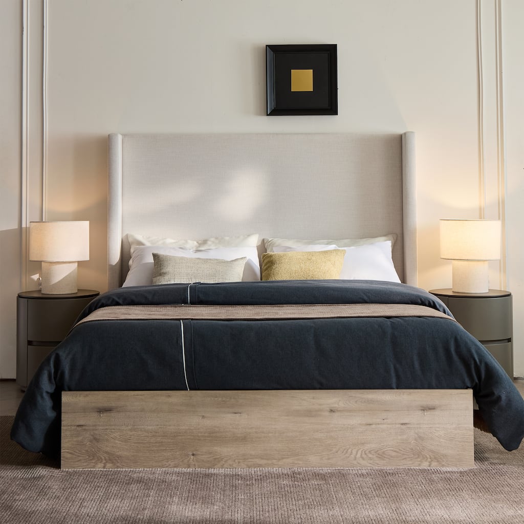 Rustic Modern Farmhouse Upholstered Wingback Bed with Textured Ivory Canvas Chenille, Queen Size, Sturdy Wooden Base