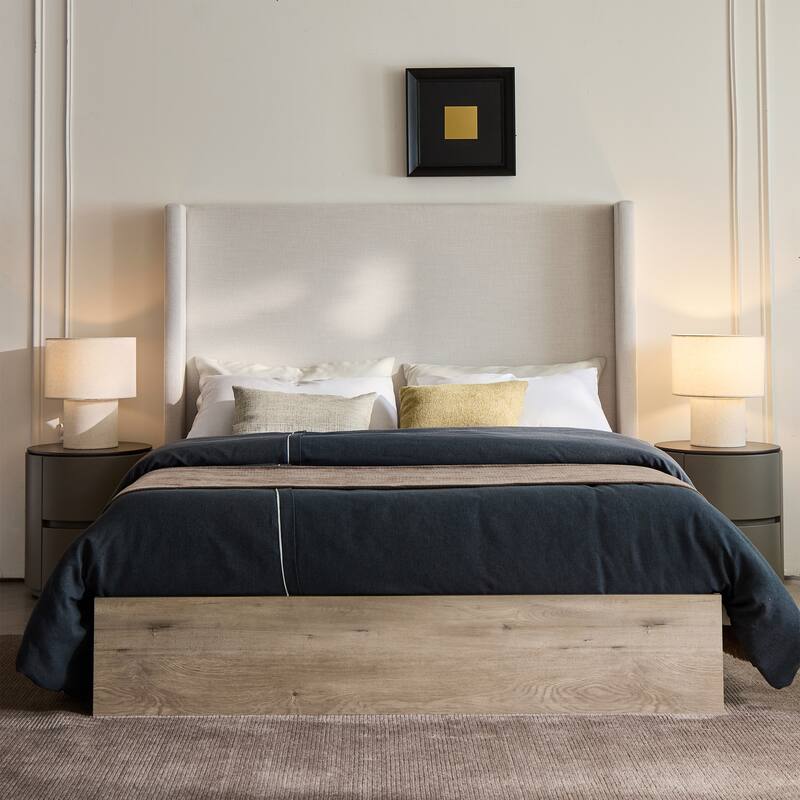 Upholstered Wingback Bed / 54" High Headboard / Wood Base / Rustic / Modern Farmhouse / Neutral / Scandinavian, Queen - Ivory,Light Grey+Camel Oak