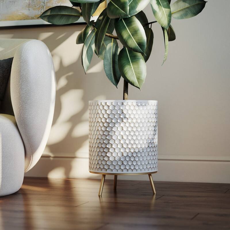 Honeycomb Mid-Century Modern Indoor Metal Pot Planter with 3-Leg Metal Base - 16" H  x 12.25" W - Multi