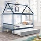 preview thumbnail 1 of 12, Blue Full Size Wood House Bed with Trundle, Roof, and Fence Blue