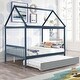 preview thumbnail 1 of 25, Full Size Wood House Bed with Trundle and Roof Blue