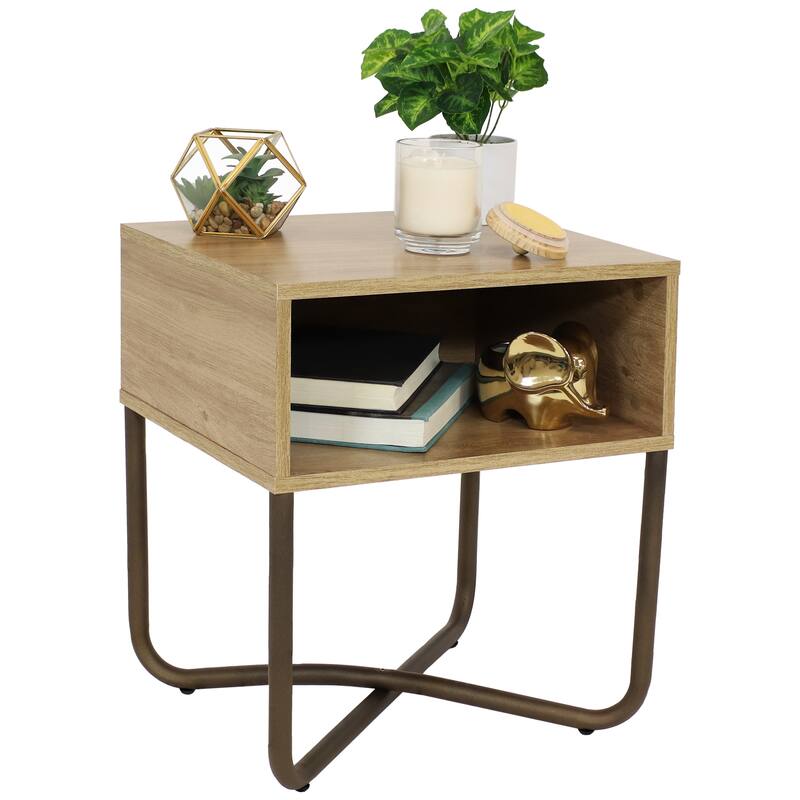 Industrial-Style MDP Side Table with Shelf - Brown - 19.75 in