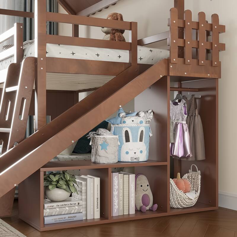 Twin over Full House Bunk Bed with Ladders and Slides, House Floor Bunk Bed with Storage Shelves and Wardrobe