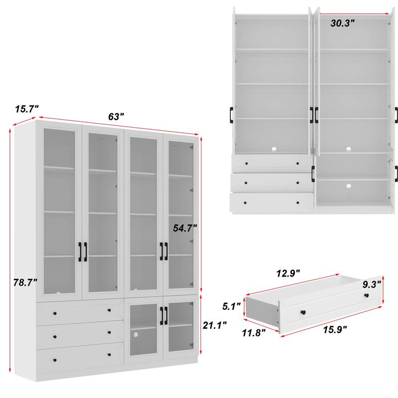 White Storage Solution with Ambient Light Features Pantry Bookshelves - 63"X78.7“