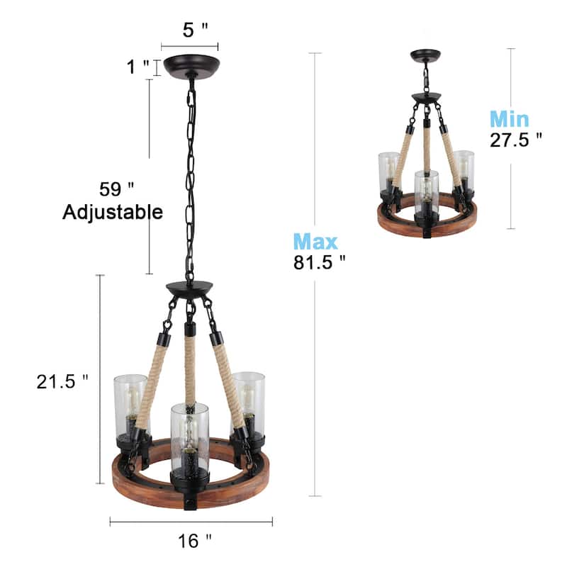 Anmytek Modern Farmhouse 3-Light Wooden Wagon Wheel Chandelier Cylinder Glass Pendant Lights for Dining Room - 16" D x 21.5" H