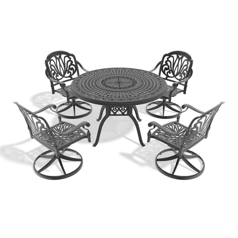 5-Piece Aluminum Round Outdoor Patio Dining Set, 4 Cushioned Swivel Chairs, Table, All-Weather Frames