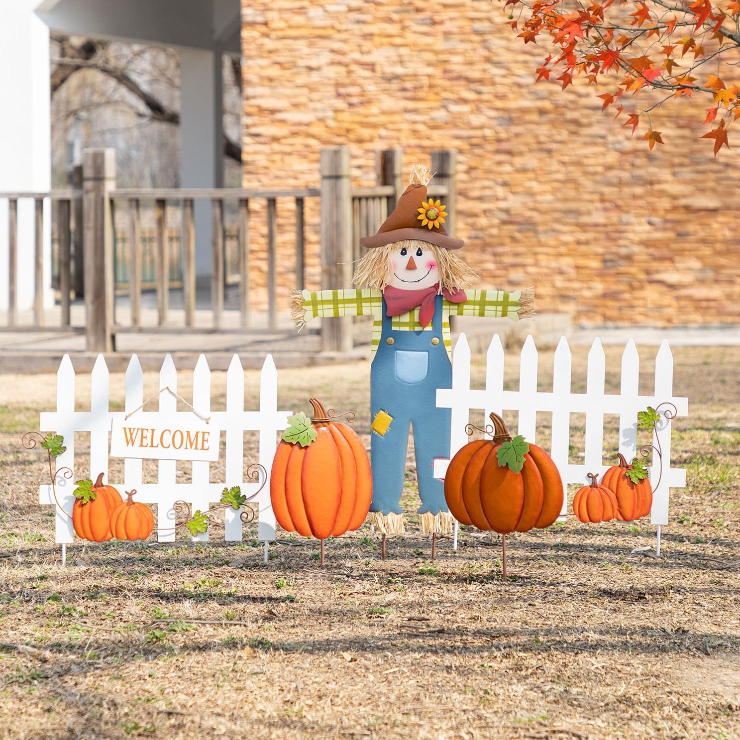 Glitzhome Welcome Fall Metal Scarecrow Corns Pumpkin Fence Yard Stake Halloween Thanksgiving Decor