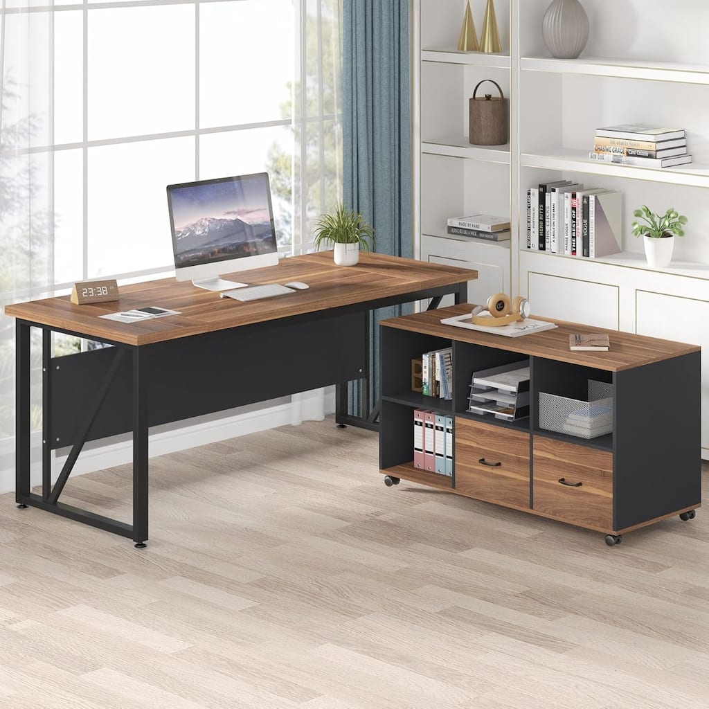 63-Inch Executive Desk with 47-Inch Mobile File Cabinet , Walnut & Gray