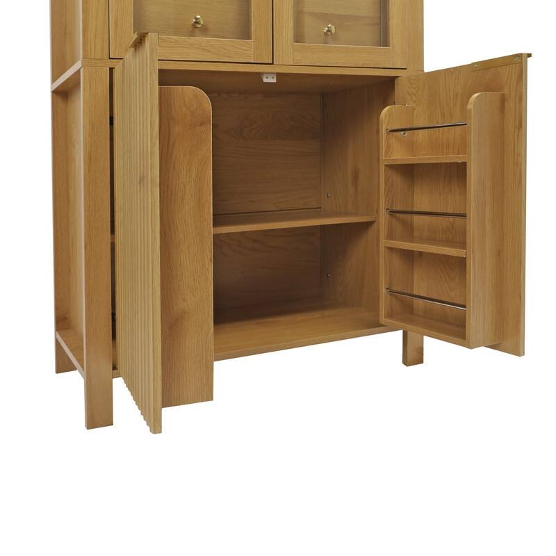 71" Tall Fluted Arched Pantry Cabinet with Glass Doors and Adjustable Shelves for Elegant Kitchen Storage