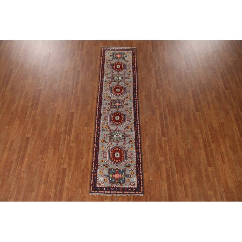 Geometric Green Kazak Indian Runner Rug Hand-knotted Wool Carpet - 2'6"x 9'11"