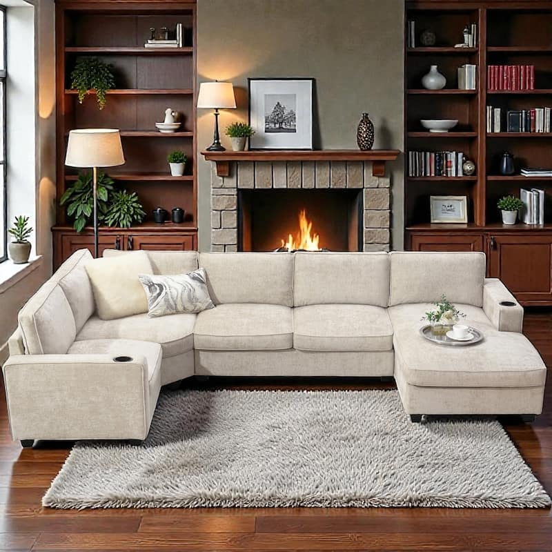 119" U-Shaped Sectional Sofa with Cup Holders, 6 Seat Chenille Corner Couch, Oversized Chaise Lounge