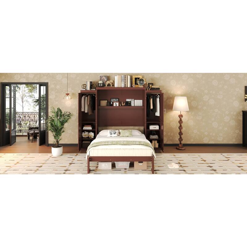 Murphy Bed, Wooden Wall Bed with 2 Wardrobe and Storage Shelf