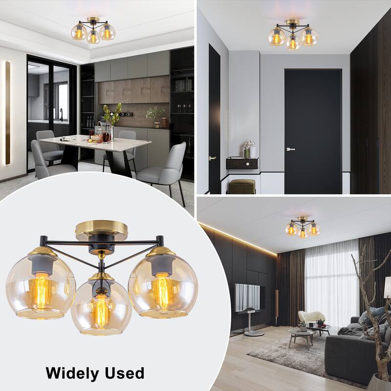 3 Lights Gold Flush Mount Ceiling Light with Amber Glass Globes - Dia.17.72-in