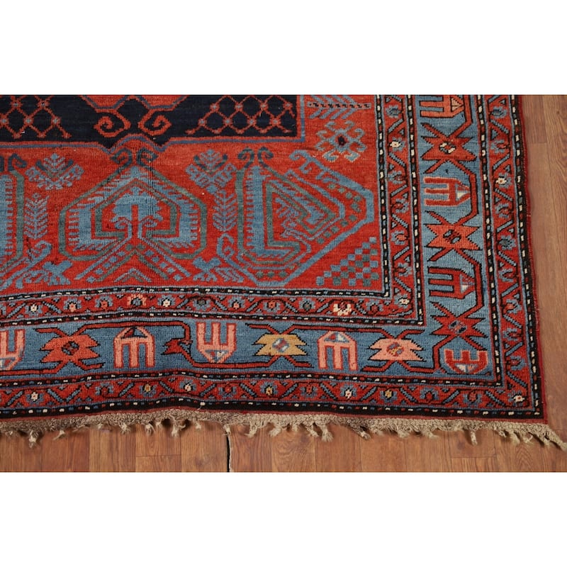 Orange & Blue Kazak Vegetable Dye Vintage Rug Hand-Knotted Wool Carpet - 5'4" x 8'1"
