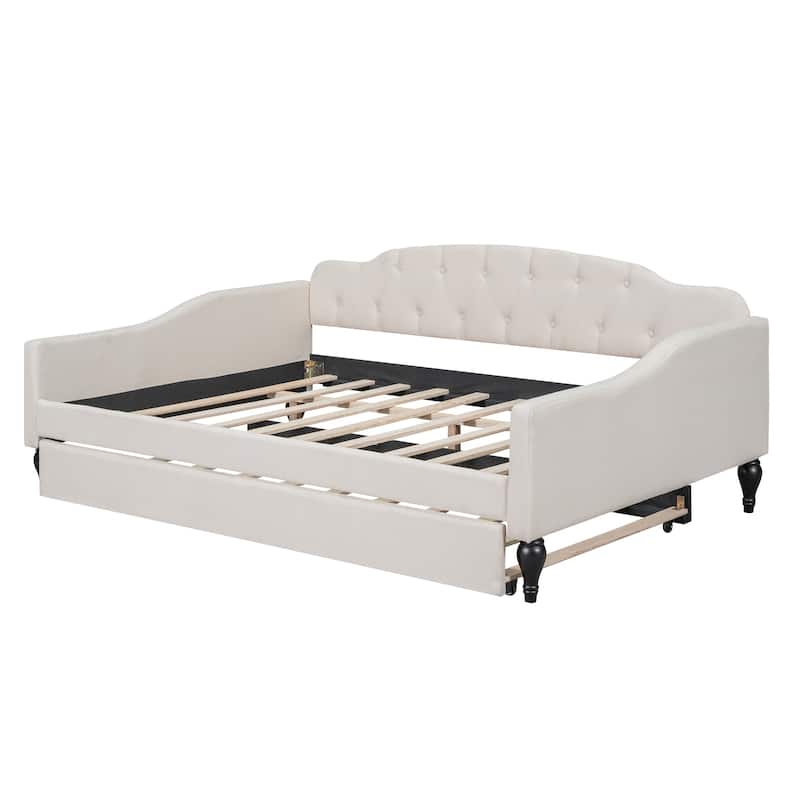 Beige Multifunctional Design Full Size Upholstered Tufted Daybed with Twin Size Trundle for Bedroom