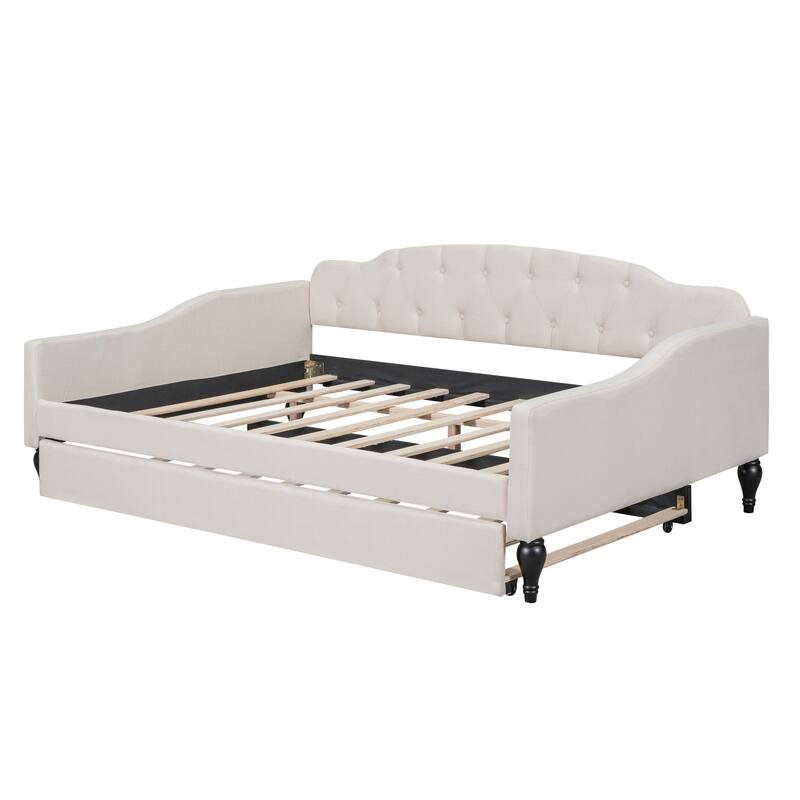 Full Size Upholstered Tufted Daybed with Twin Size Trundle, Beige for Bedroom
