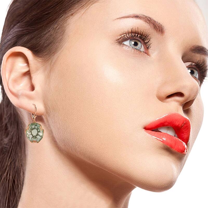 14K Solid Gold Leverback Gemstone Earrings Round Green Amethyst