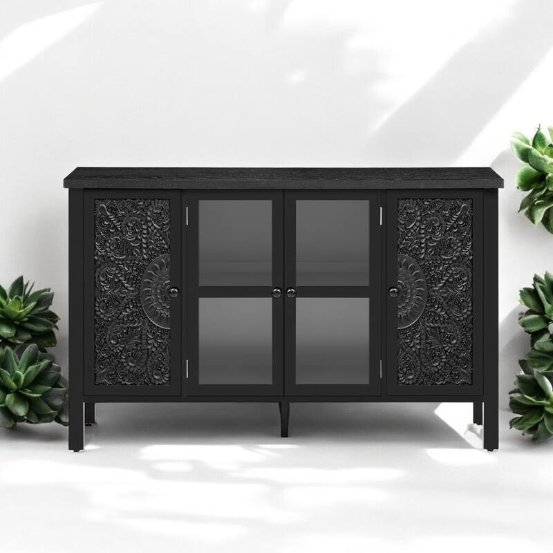 47.2" Retro TV Stand for TVs up to 43 Inches, Media Console with Glass Cabinet Doors, 3 Spacious Cabinets, Adjustable Shelves