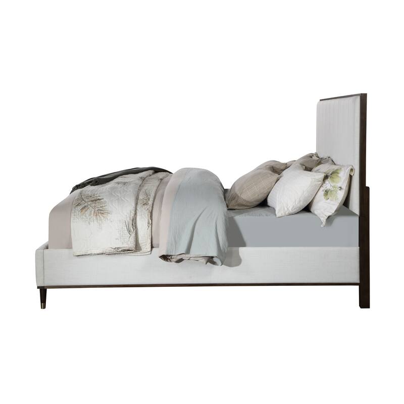 Light Gray Fabric Queen Bed with Wooden Legs