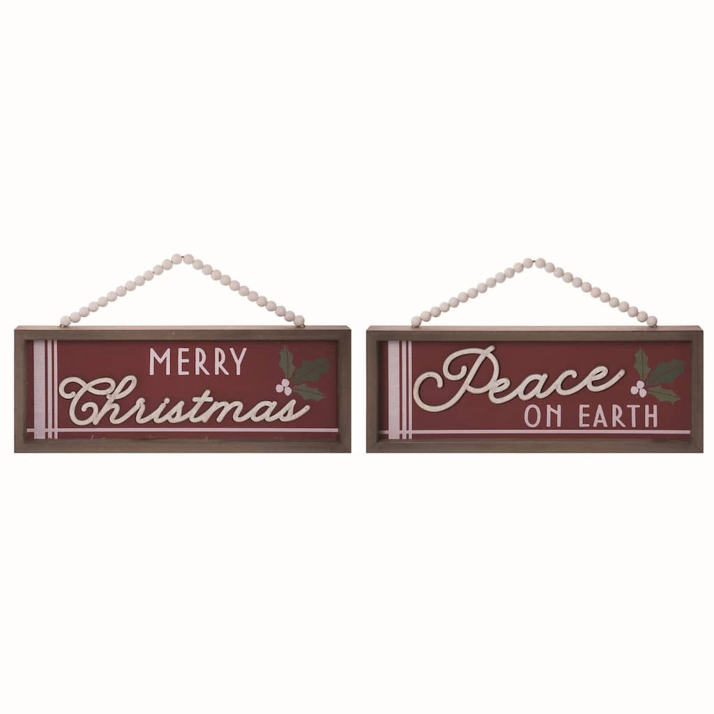 Transpac Wood Ticking Stripe Beaded Hanger Set of 2 Christmas Home Decorations