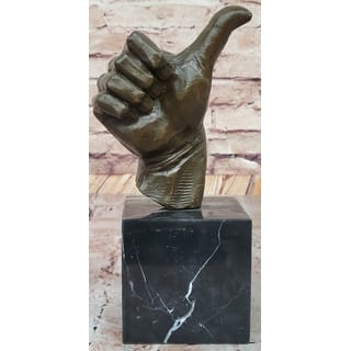 Bronze Thumbs-Up Sculpture On Marble Base - Signed Handmade Art