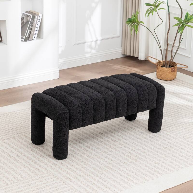 SEYNAR Modern Glam Teddy Velvet Fabric Rectangle Ottoman - Black