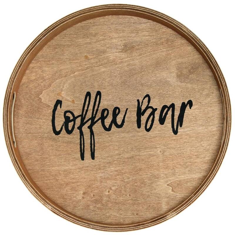 HomeRoots 14" Natural And Black Coffee Bar Round Serving Tray With Handles - 13.75 in. x 1.65 in. x 13.75 in.