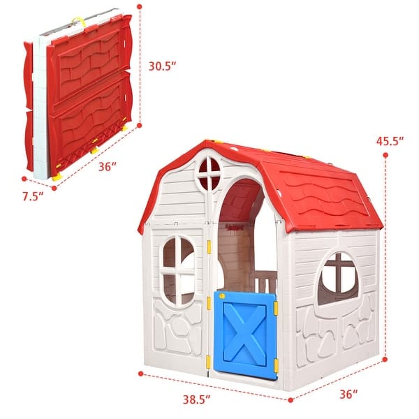 Costway Kids Cottage Playhouse Foldable Plastic Play House Indoor - White, Red & Blue