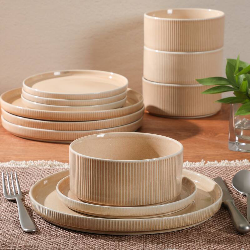 Gibson Elite Solana Coast 12 Piece Stoneware Reactive Glaze (Service for 4) Plates and Bowls Modern Shape Dinnerware Set
