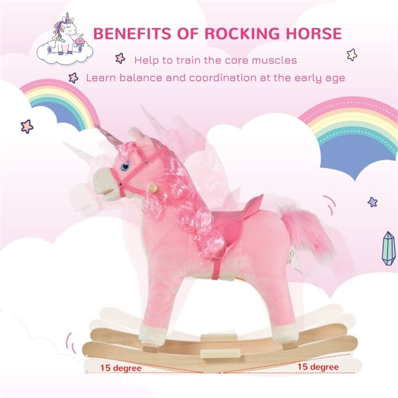 Pink Plush Ride-On Unicorn Rocking Horse for Kids Ages 3-6 Interactive Sound and Movement Wooden Steel Frame