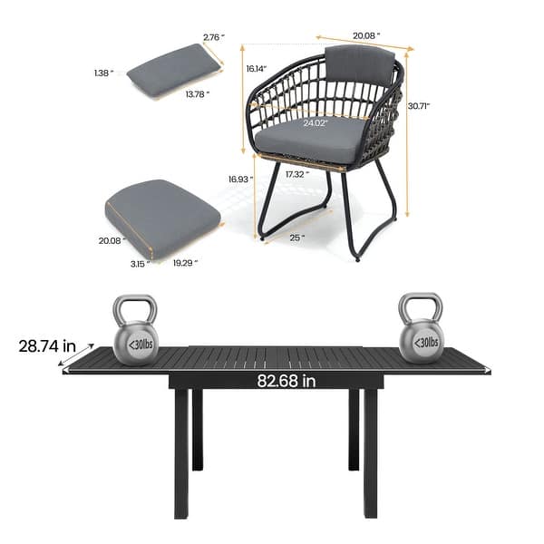 dimension image slide 3 of 6, 7/11PC Outdoor Aluminum Expandable Patio Dining Sets Extension Table with Rattan Chair