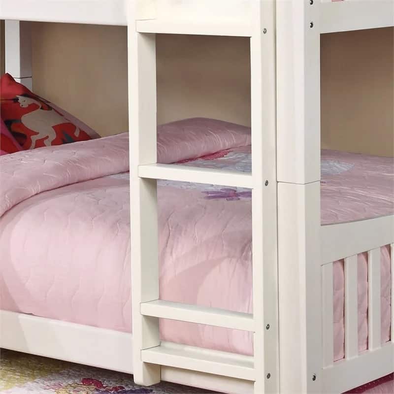 Full Over Full Bunk Bed with Attached Ladder, White Finish, Trundle Not Included