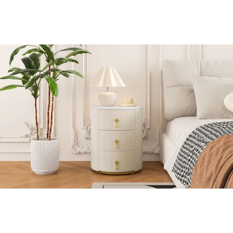 Round Nightstand with 3 Drawers, Velvet Upholstered Storage Cabinet, Sofa Side Table with Marble Table Top & Metal Legs