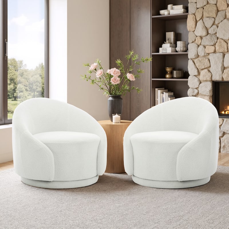 35" Wide Upholstered Swivel Accent Barrel Chairs (Set of 2) - Boucle - White