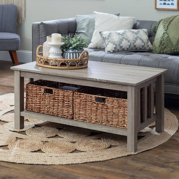 Shop Driftwood Finish 40 Inch Coffee Table With Wicker Storage